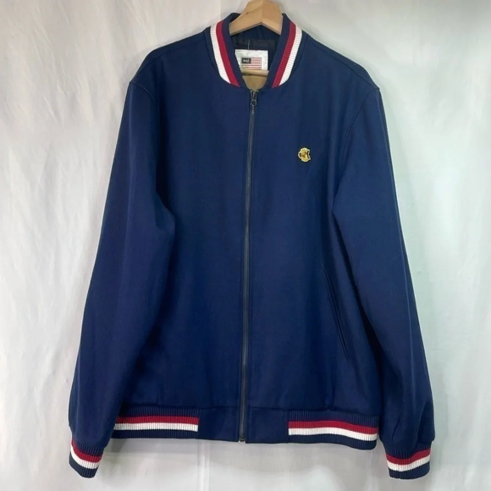 🛵 nwt Huf navy blue wool varsity jacket with red white and blue ribbed trim